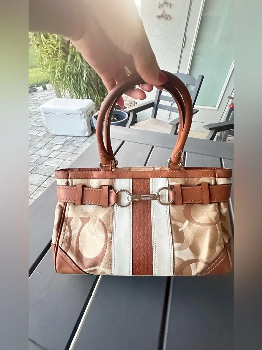 Coach Hamptons Optic Signature Stripe Carryall F13337, Brown and Cream